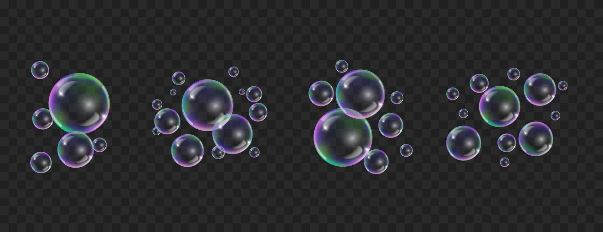 Realistic soap bubbles set with rainbow reflection isolated on black transparent background. Colorful iridescent transparent water bubbles with reflection vector
