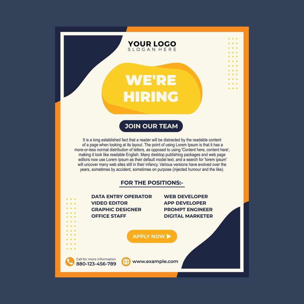 Creative job hiring poster and flyer design template vector