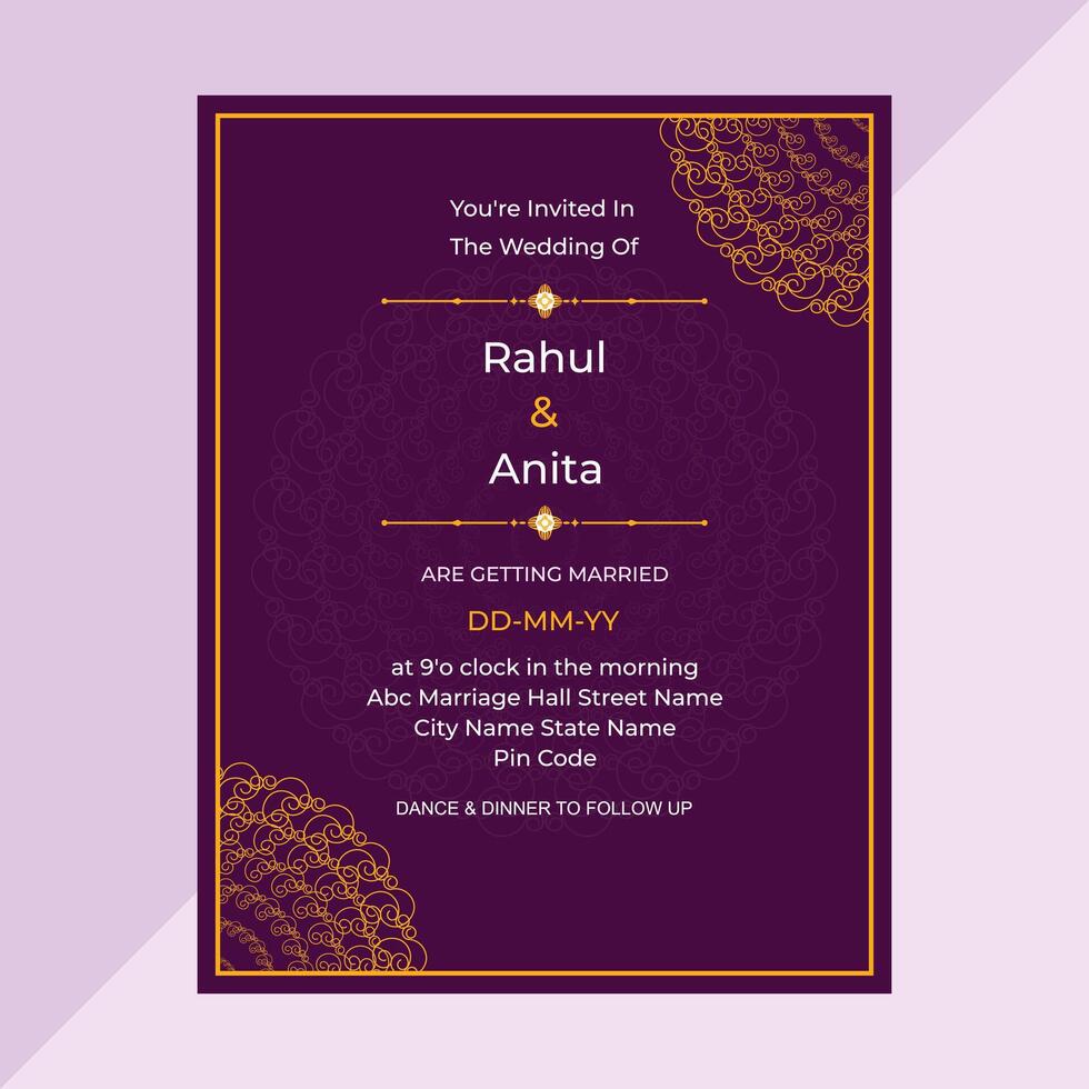 Beautiful purple and golden wedding invitation card background templates vector