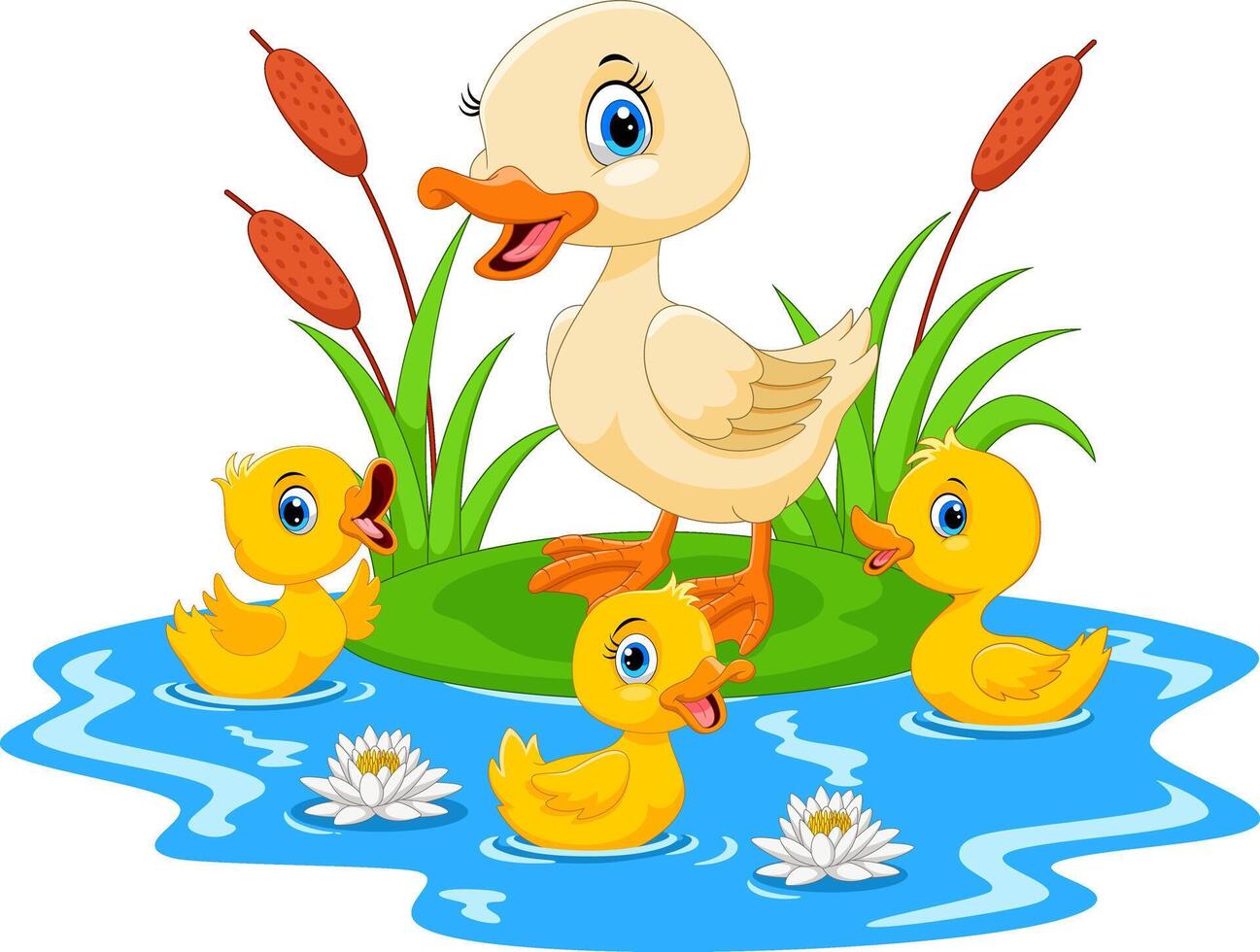 Mother duck swims with her three little cute ducklings in the pond vector