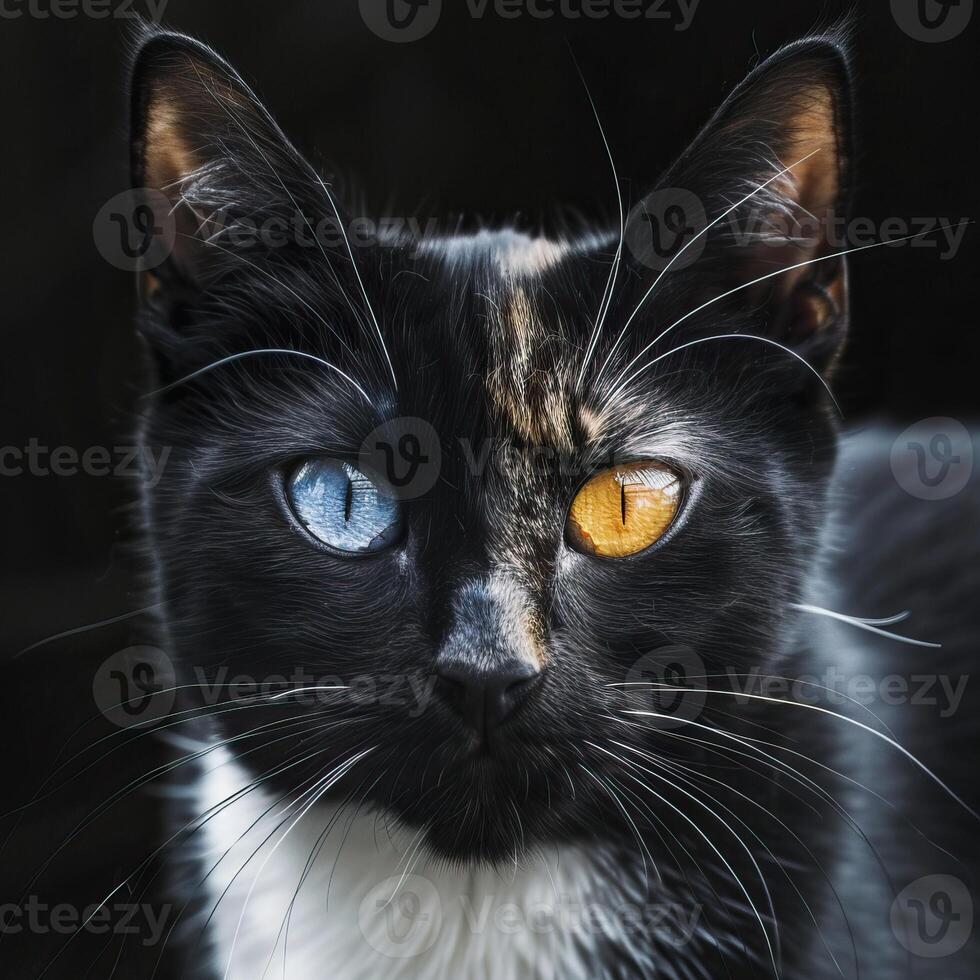 A black cat with one blue and one yellow eye photo