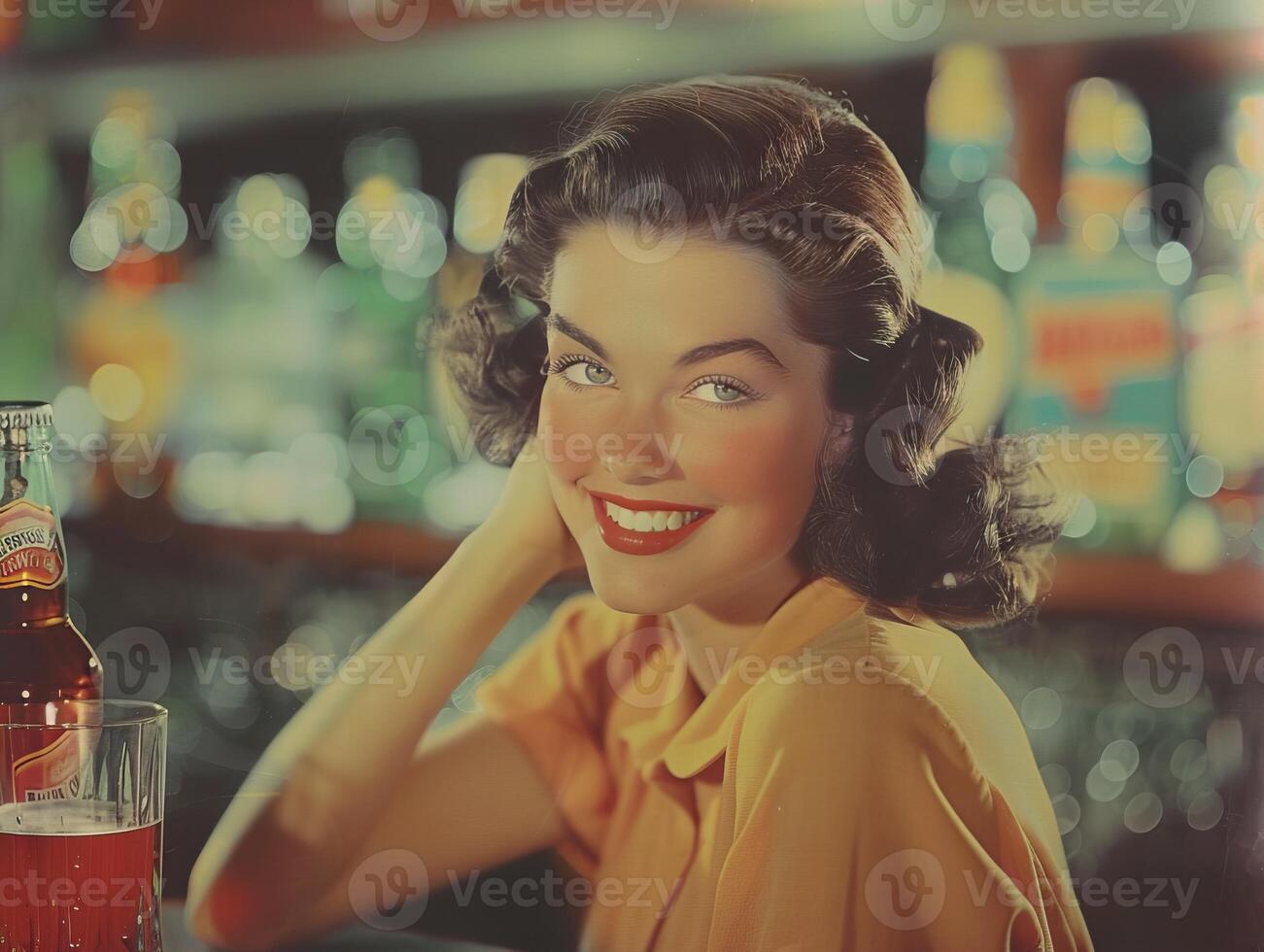 A beautiful young woman in a yellow blouse smiles at the camera while leaning on a bar counter with a bottle and glass of soda. photo