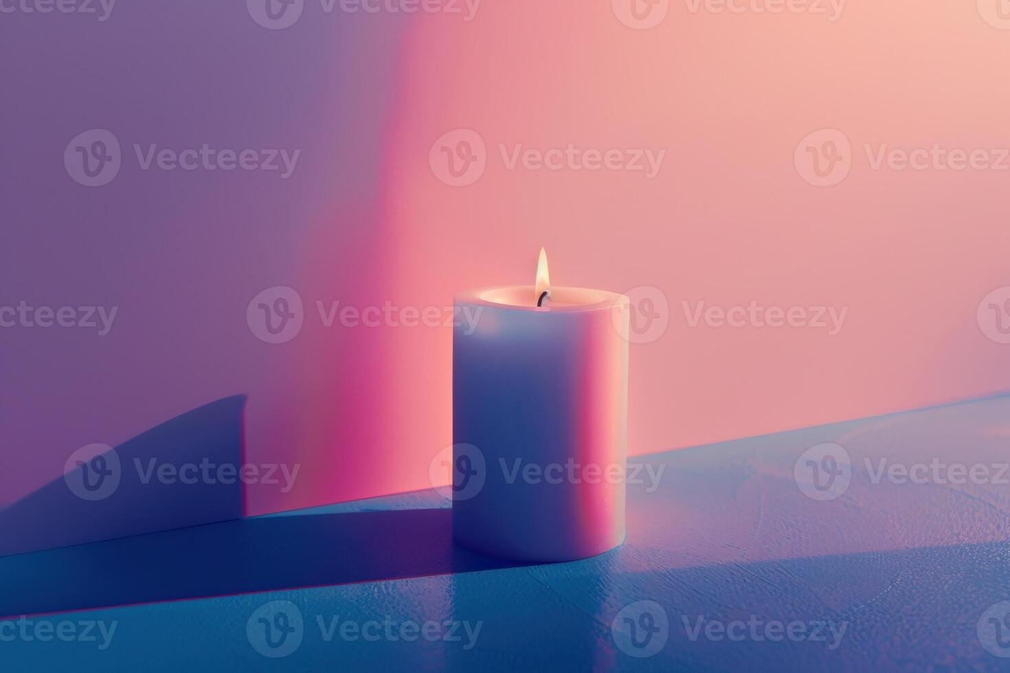 A single candle flame flickers in the corner of a room. The walls and floor are bathed in soft, pastel hues of pink, blue, and purple. photo