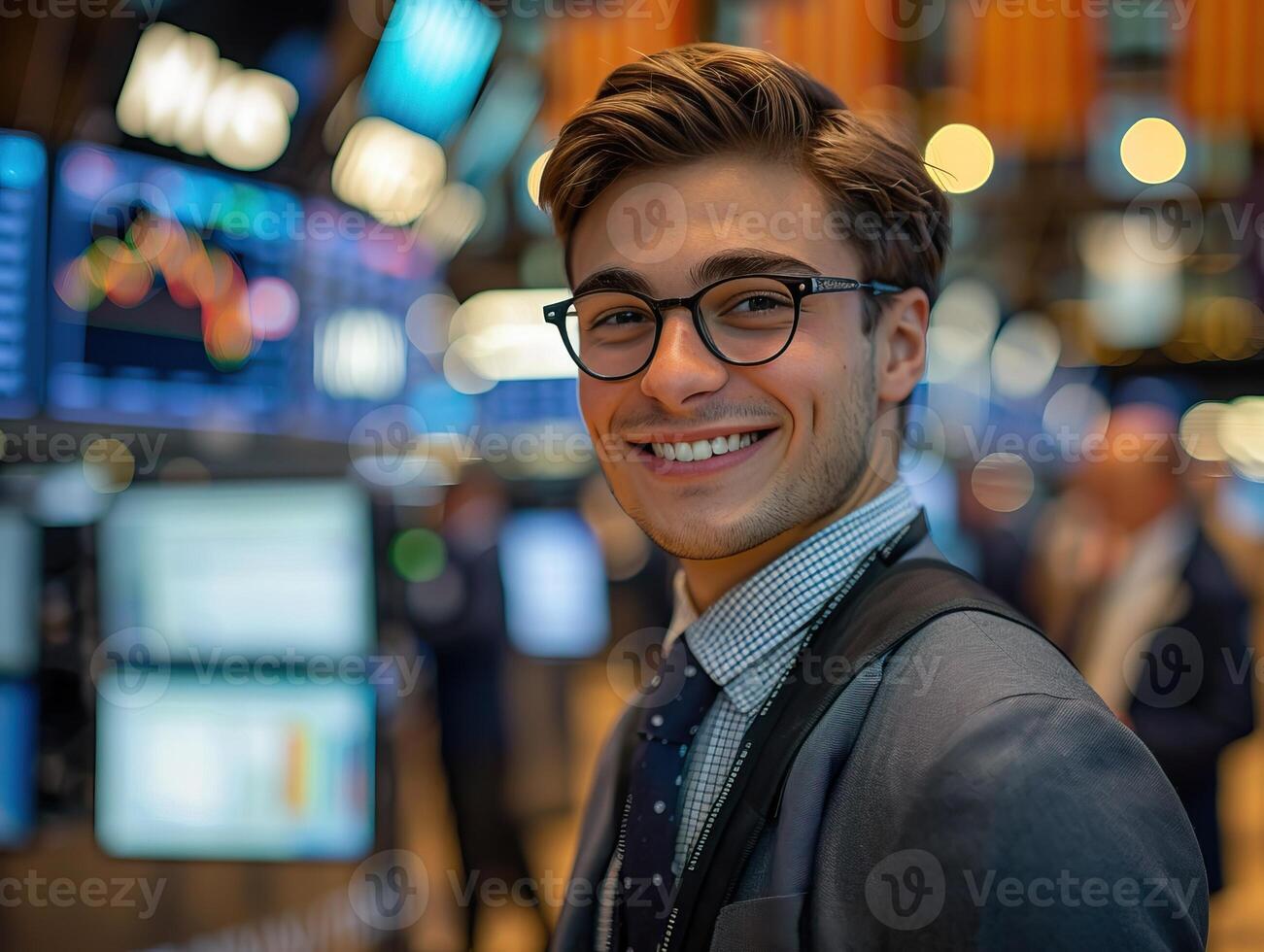 A young man in a suit and tie is smiling at the camera. He is standing in a busy trading room, and there are monitors with stock prices in the background. photo