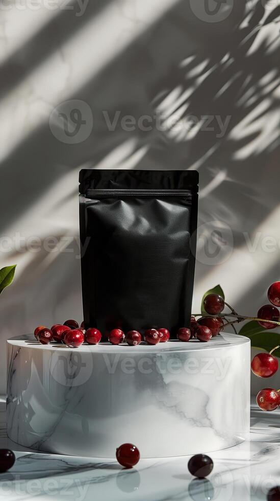 Black matte bag with red berries on a marble podium against a white background photo