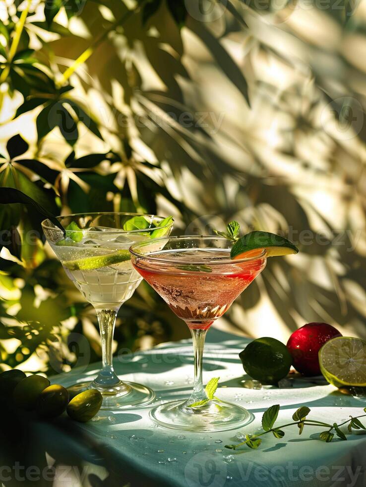Two cocktails on a table garnished with lime and mint with a plant in the background photo