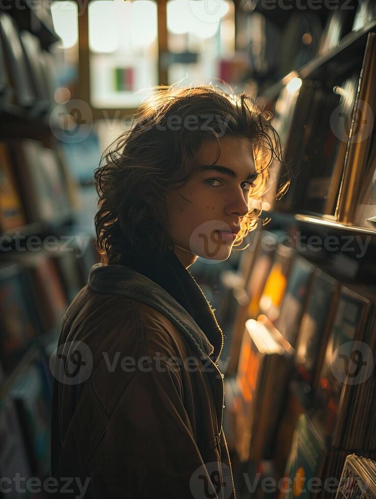 A young man with long brown hair and light eyes stands in a record store, looking at the records. He is wearing a brown leather jacket. photo