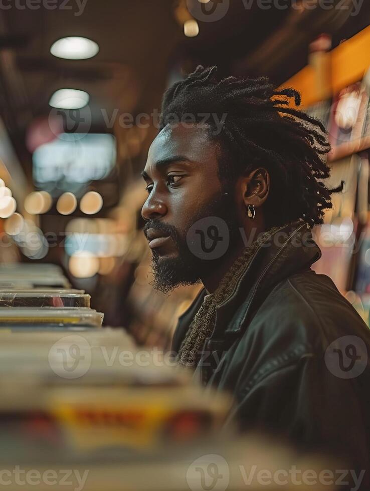 A young man with dreadlocks is looking through a collection of records in a store. photo