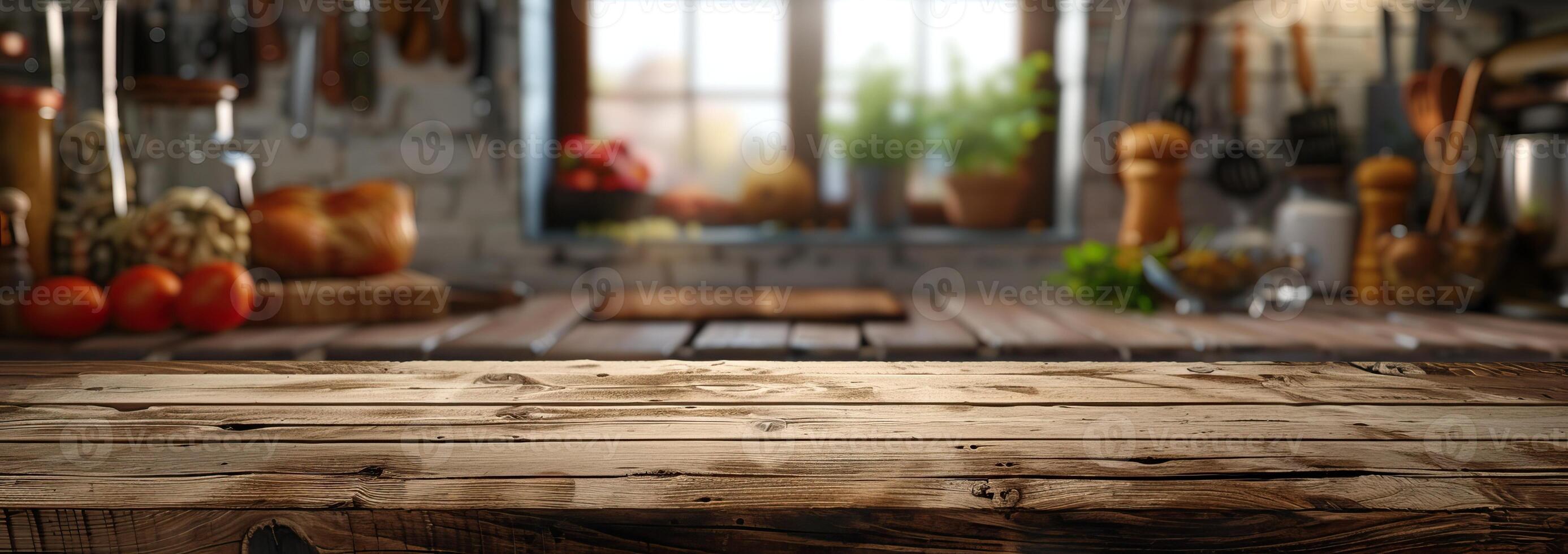 Rustic wooden table with a blurred background of a kitchen with a large window photo