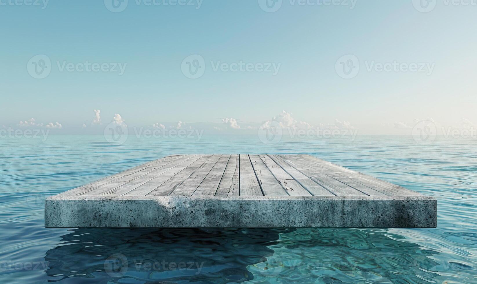a 3D rendering of a wooden platform floating on a calm ocean. The sky is blue and there are white clouds. The platform is made of light wood and has a concrete base. photo