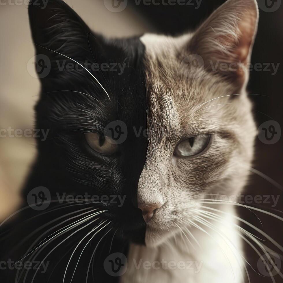A cat with half black and half ginger fur, looking at the camera with a serious expression. photo