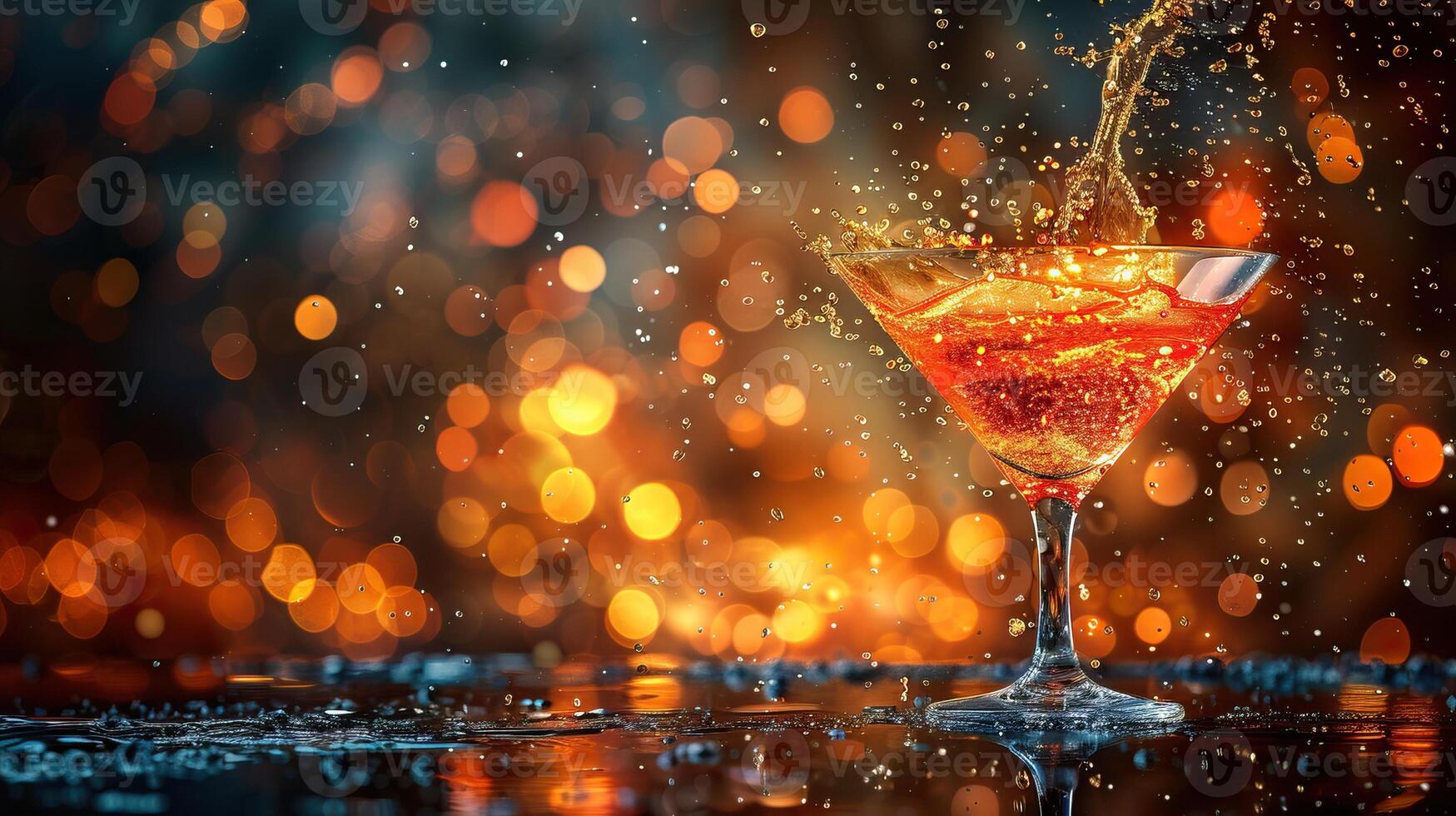 Orange cocktail with splash on dark orange blurred background photo