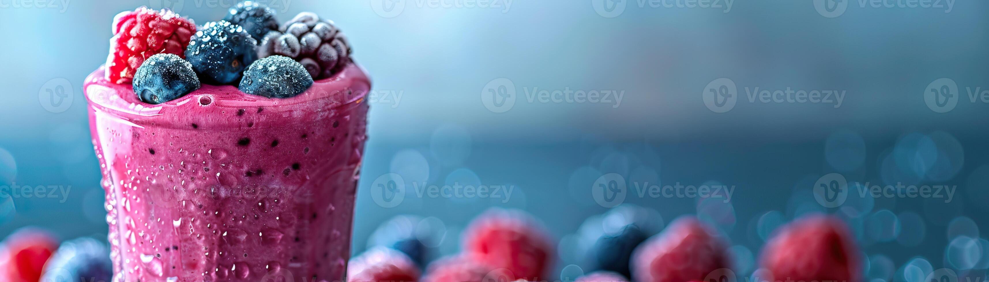 A glass of fresh raspberry and blueberry smoothie with fresh berries on top against a blue background photo
