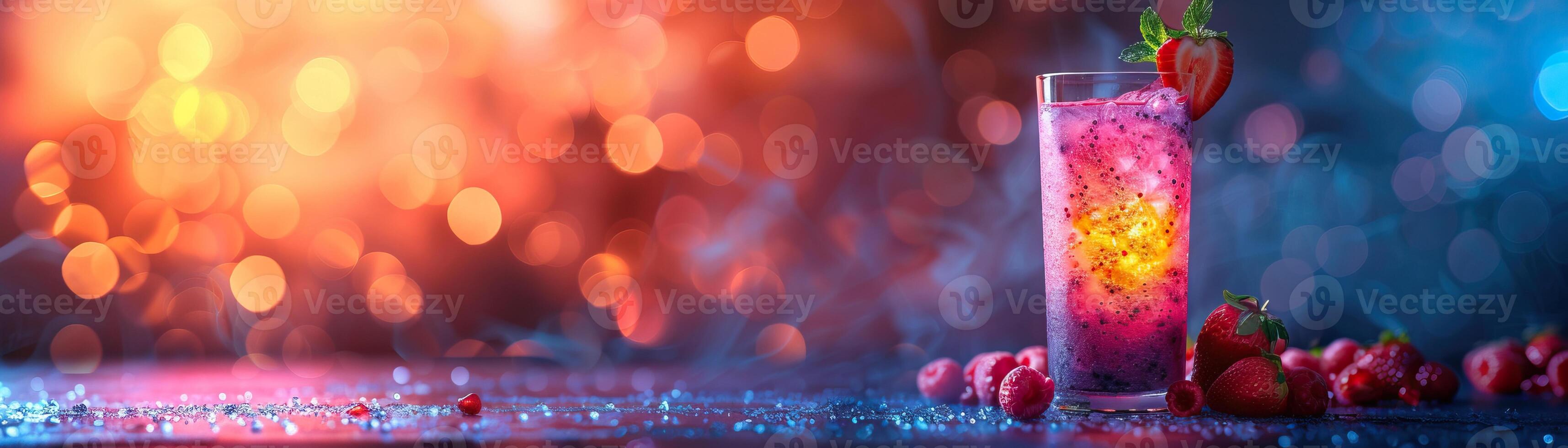 A refreshing summer cocktail with strawberries, raspberries and blueberries in a tall glass with ice. Garnished with a strawberry and a sprig of mint. Backlit with a colorful blurred background. photo
