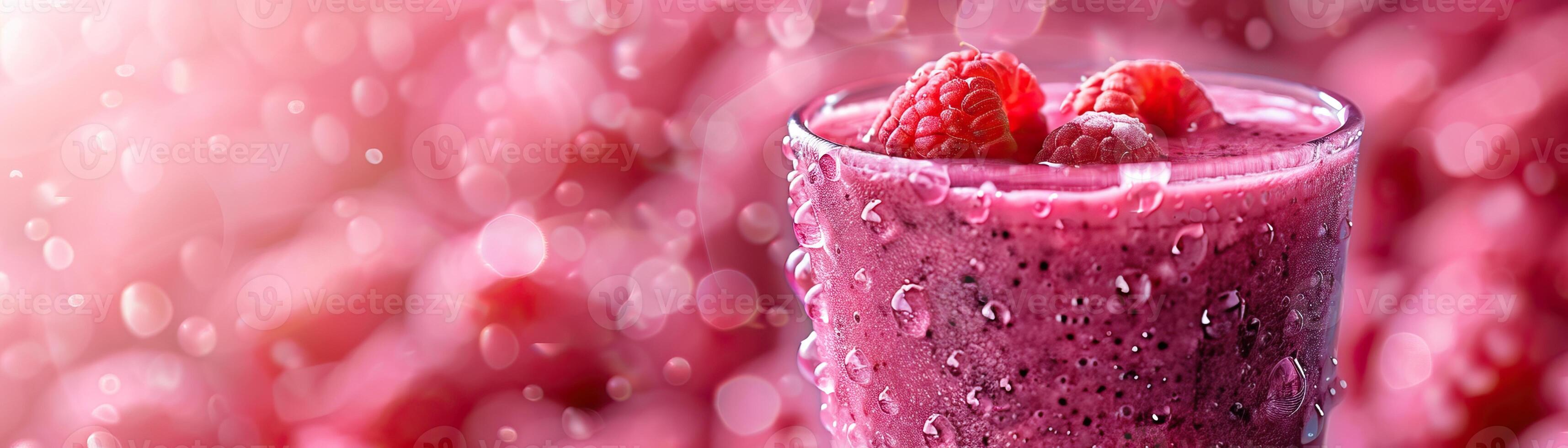 A glass of raspberry smoothie with fresh raspberries on top against a pink background. photo
