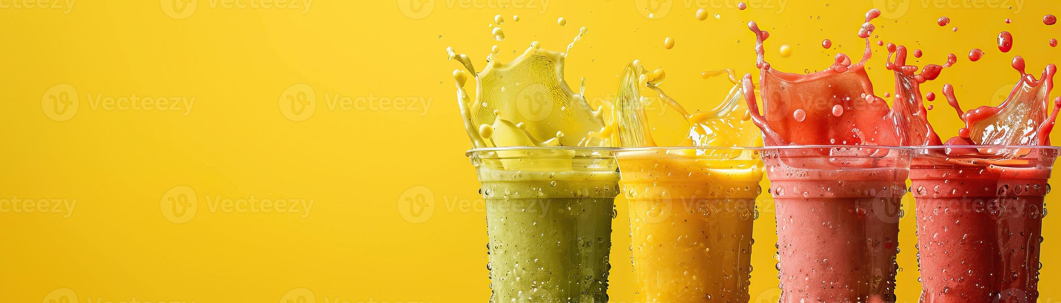 Three plastic cups of fruit juice with a splash on a yellow background photo