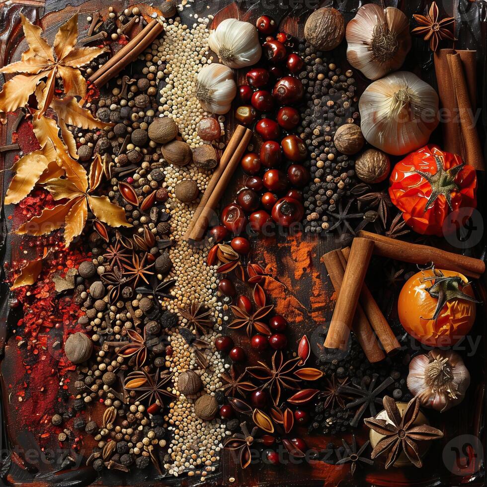 A variety of spices are arranged on a dark background. photo