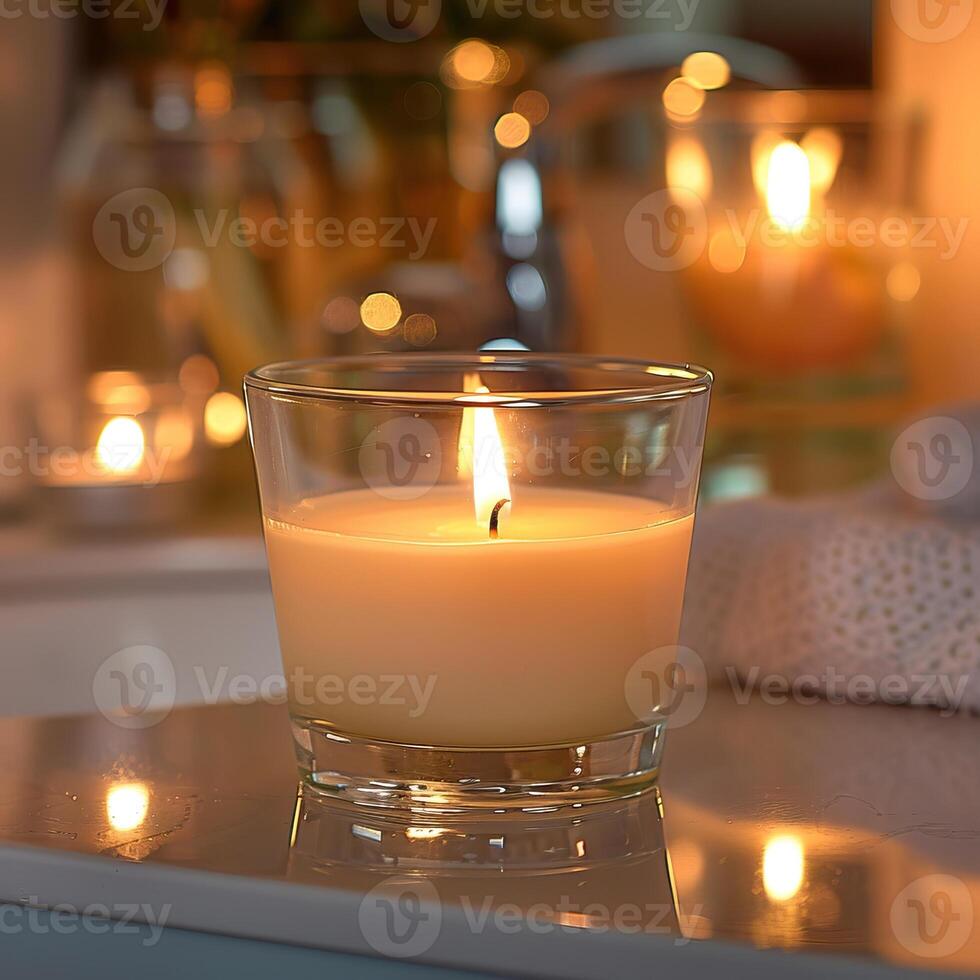 A single lit candle in a glass holder on a reflective surface against an out of focus background of bathroom toiletries photo