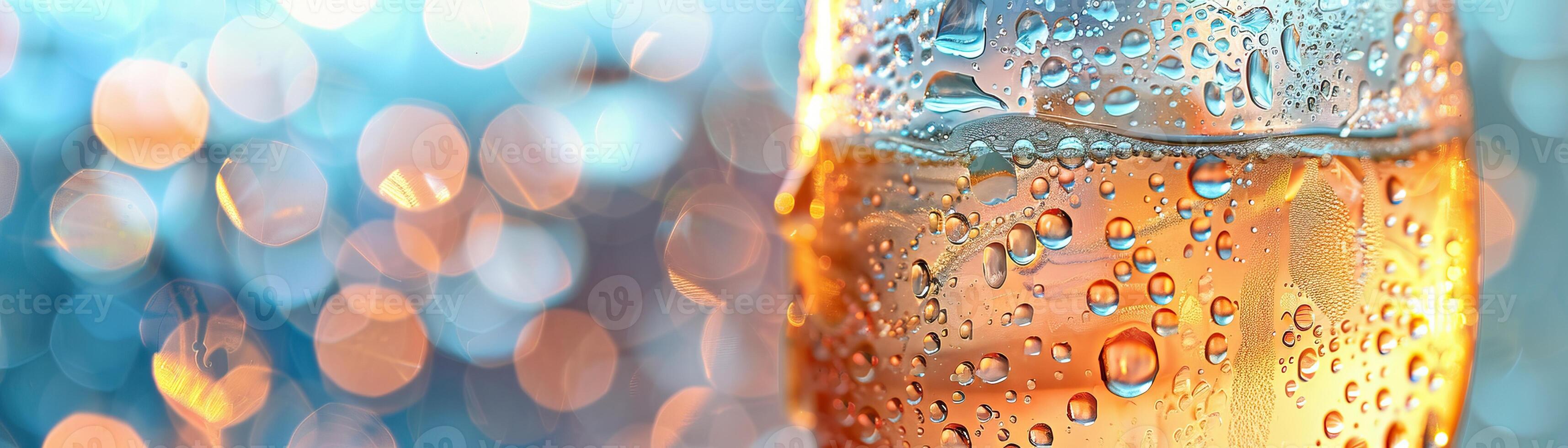 Close up of a cold glass of champagne with water droplets and bubbles with a blurred background of blue and orange lights. photo