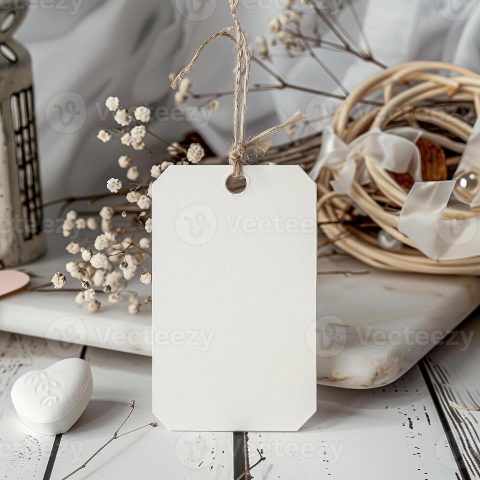 White tag mockup with twine bow on white marble background. photo