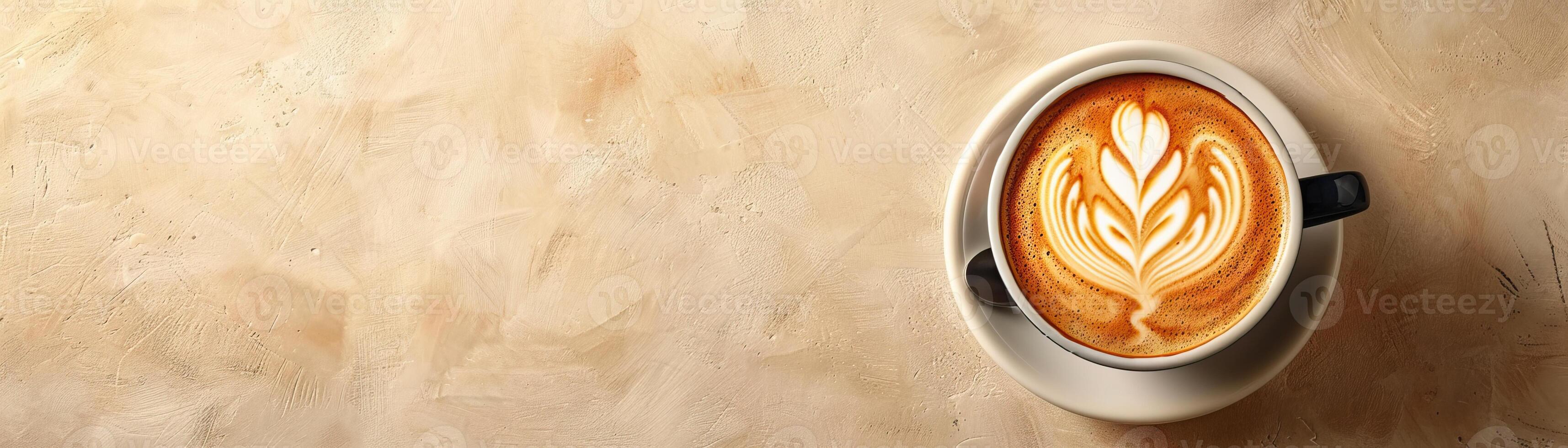 A cup of coffee with a beautiful latte art design on a beige background. photo