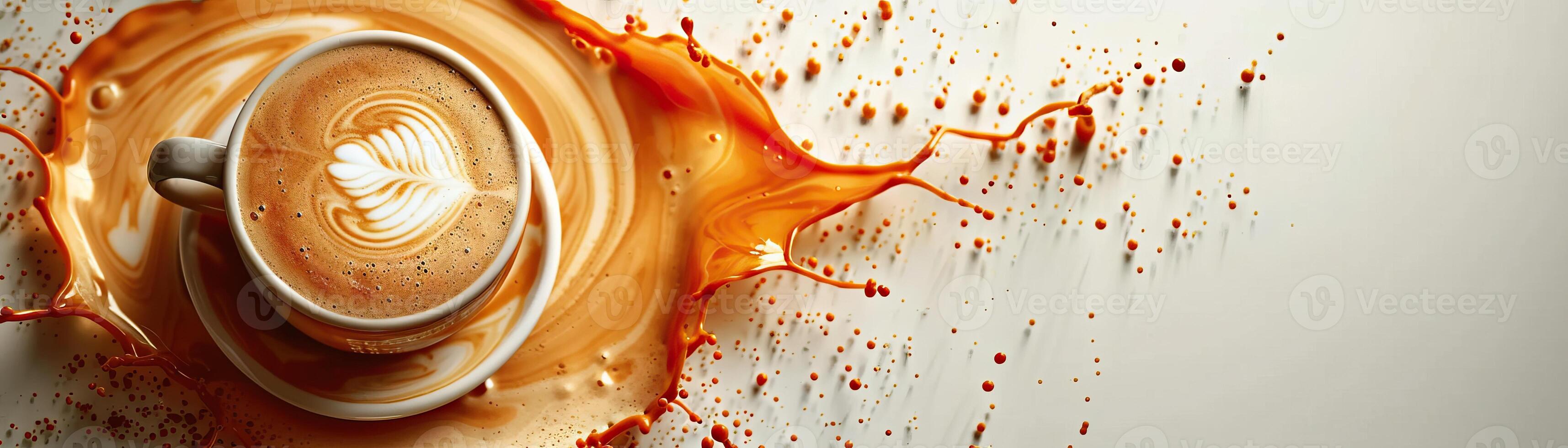Cappuccino in white cup with artistic coffee splash. photo