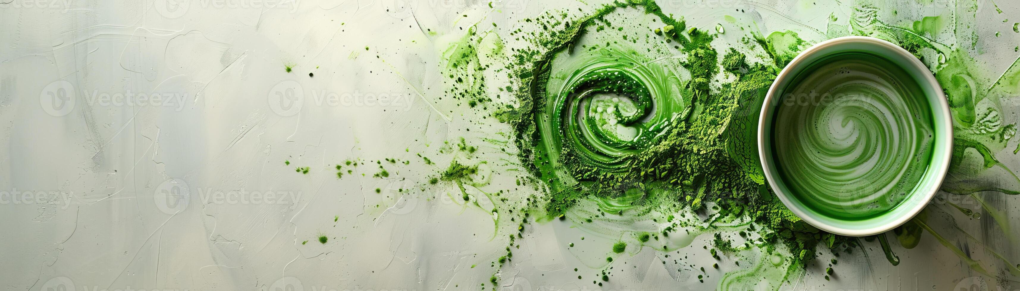 Green tea powder spilled from a bowl on a white background. photo