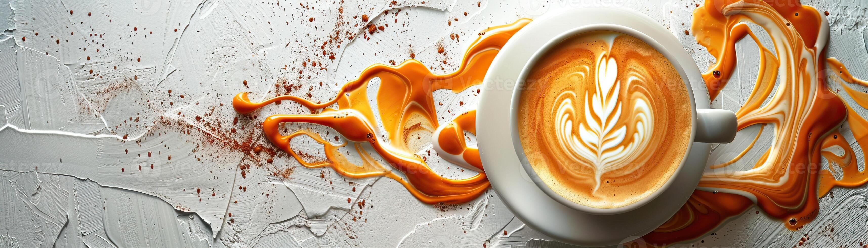 White coffee cup with a latte design sitting on a white textured background with a brown liquid spilled around it. photo