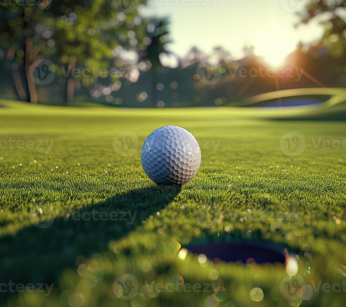 A close up of a golf ball on a putting green with the sun in the background. photo