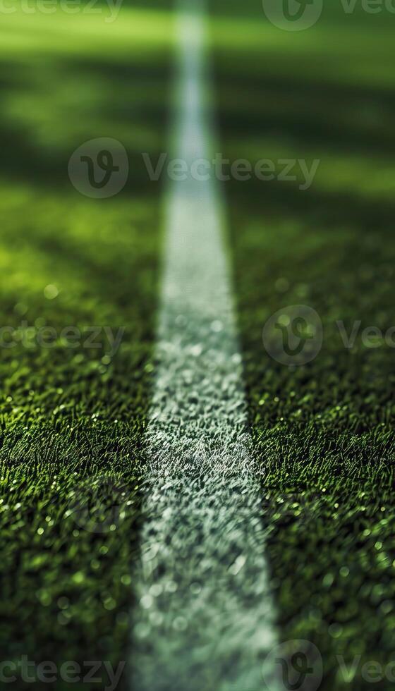 Close up of white line marking on green turf of soccer field photo