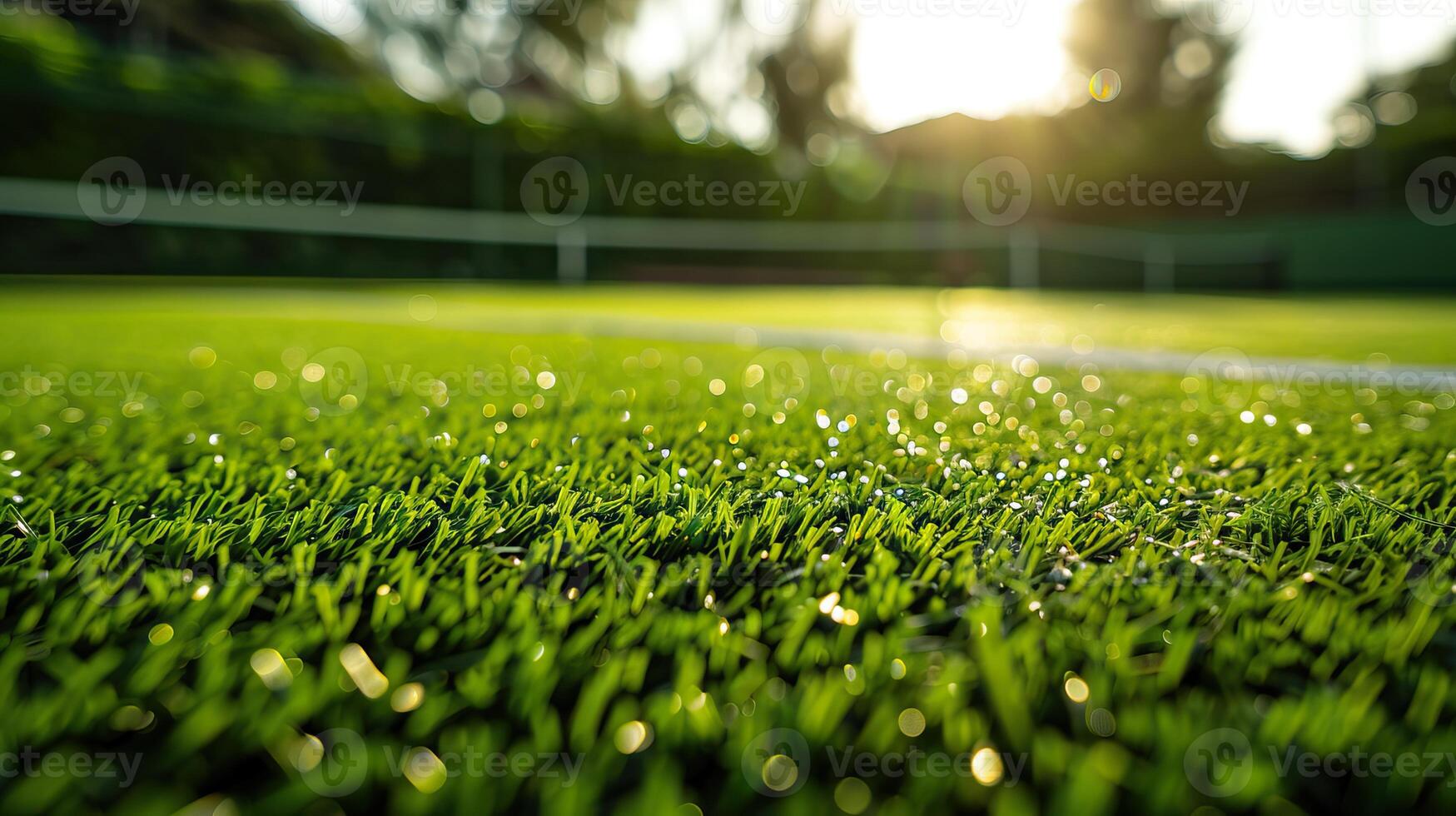 Close-up of green, artificial grass illuminated by the sun. photo
