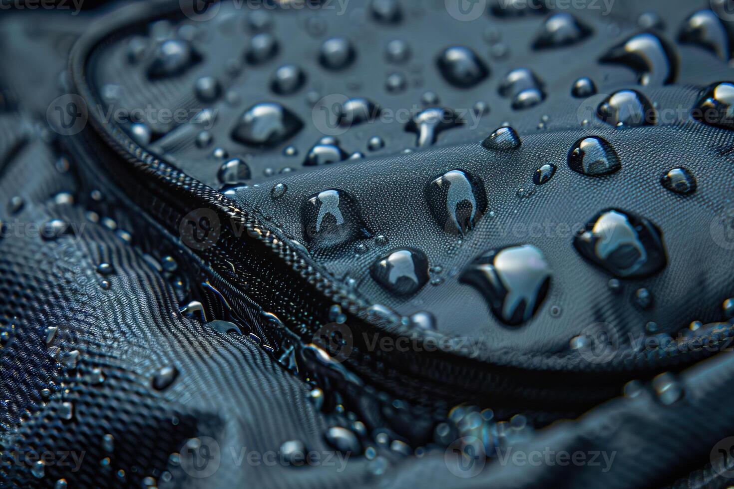 Macro shot of the surface of a waterproof fabric with water droplets on it. photo