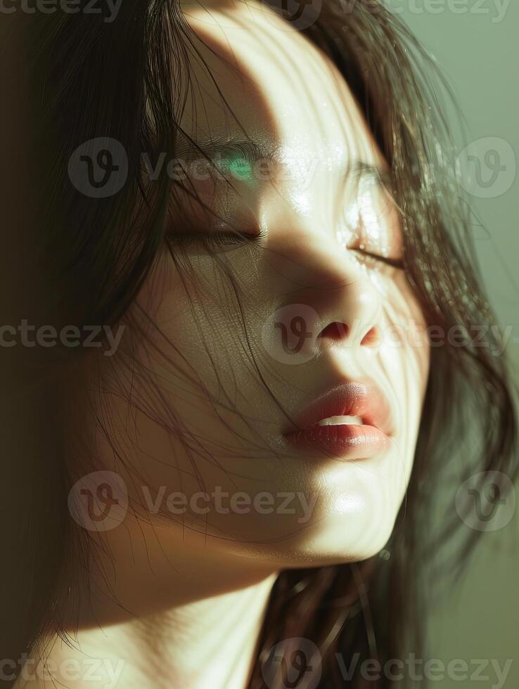 A close up portrait of a young woman with long dark hair and light makeup. She has her eyes closed and her face is turned slightly to the right. The light is shining on her face from the left side of photo
