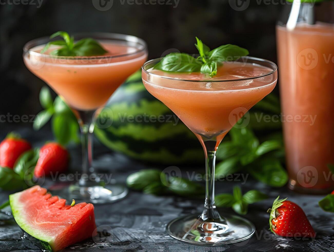 Refreshing watermelon cocktail with strawberries and basil photo