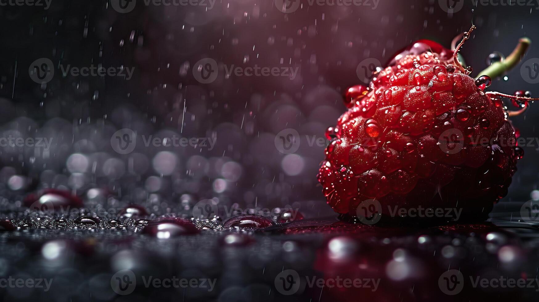 Close-up of a single, ripe strawberry with water droplets on a black background. photo