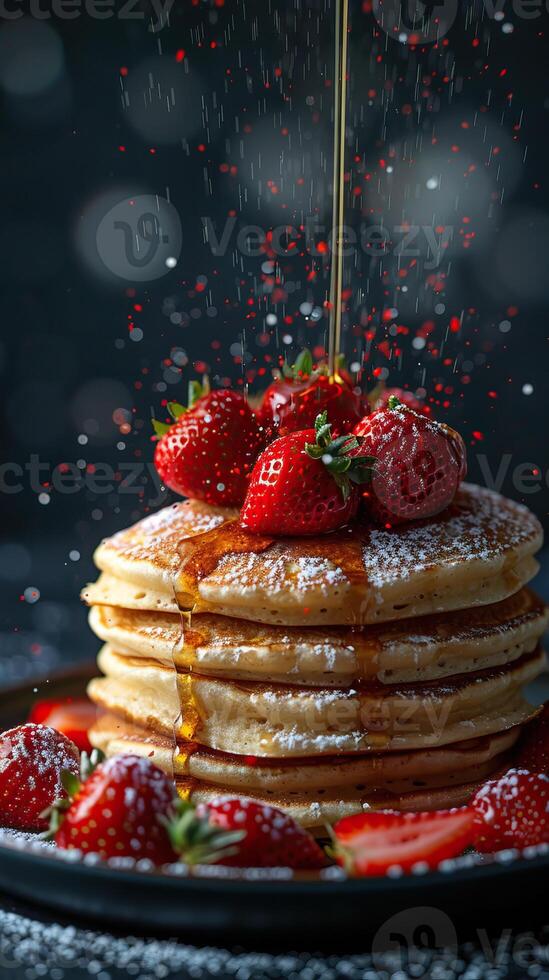 A decadent stack of pancakes topped with fresh strawberries and drizzled in maple syrup. photo