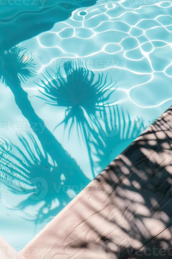 The shadow of a palm tree is cast on the bottom of a swimming pool. photo