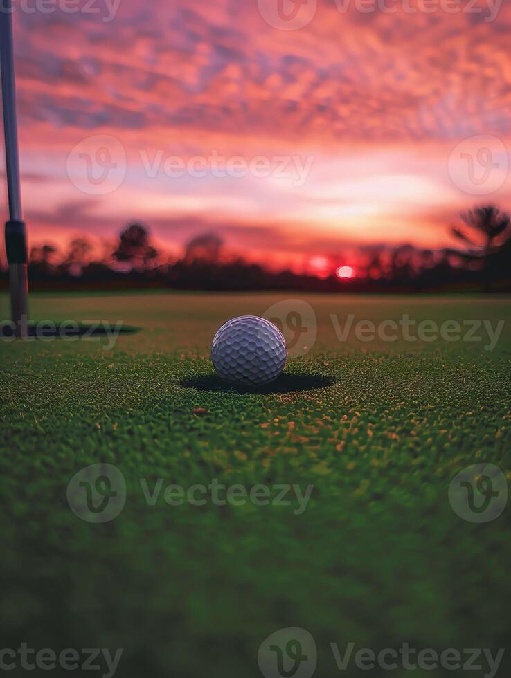 A close up of a golf ball on a putting green at sunset. photo