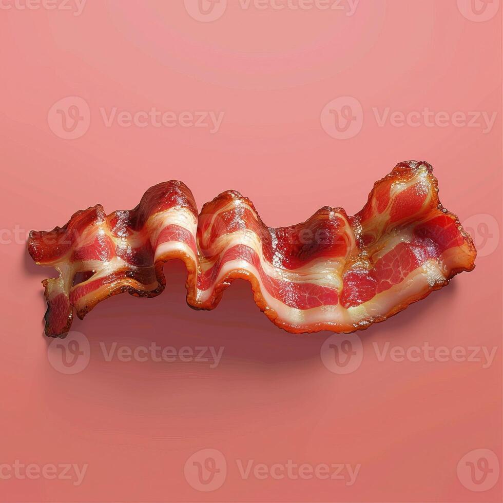 A close up of a single strip of bacon, cooked to perfection, on a pink background. photo