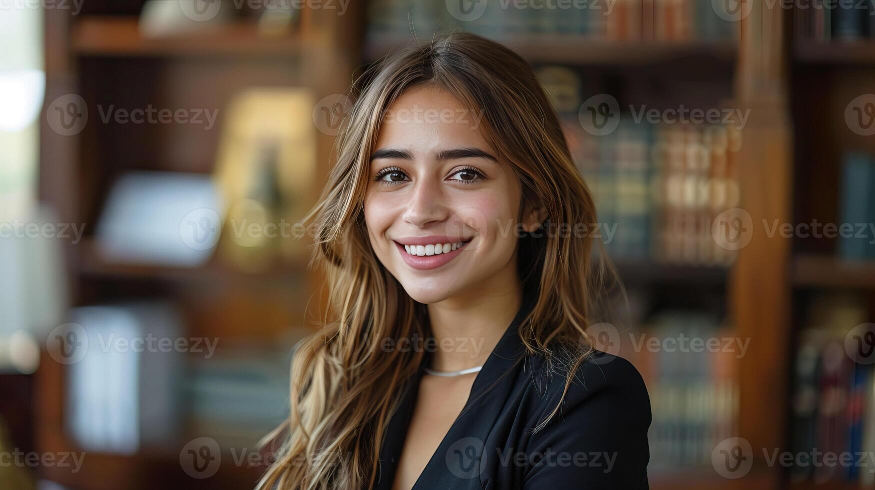 A young woman with long brown hair smiling in front of a bookshelf. photo