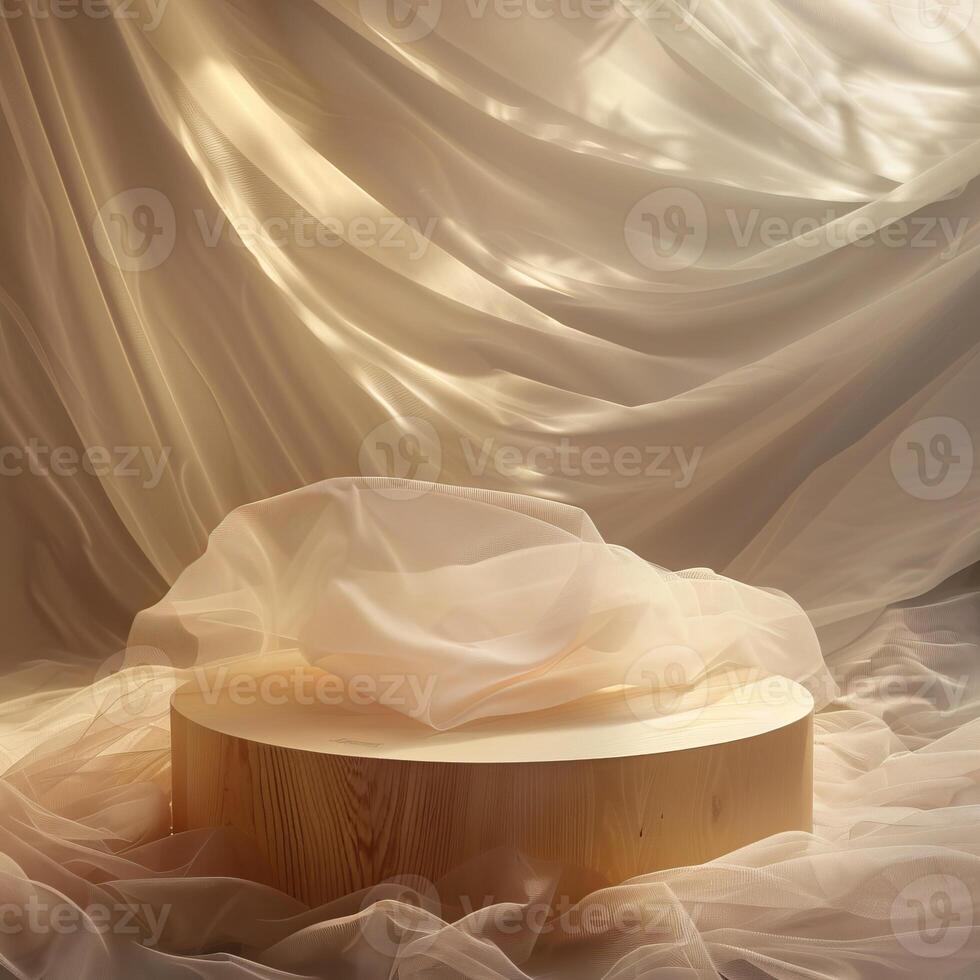 An empty wooden podium covered with a wrinkled white cloth against the backdrop of flowing beige curtains. photo