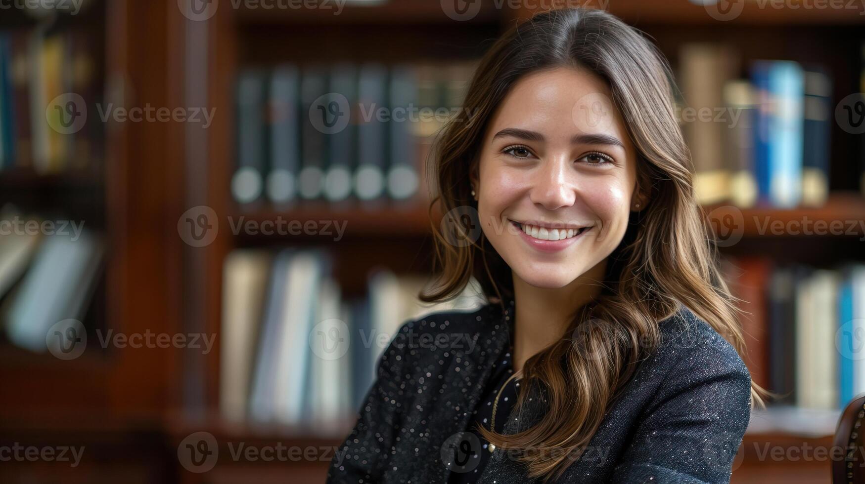 A young woman with long brown hair is smiling in front of a bookshelf. photo