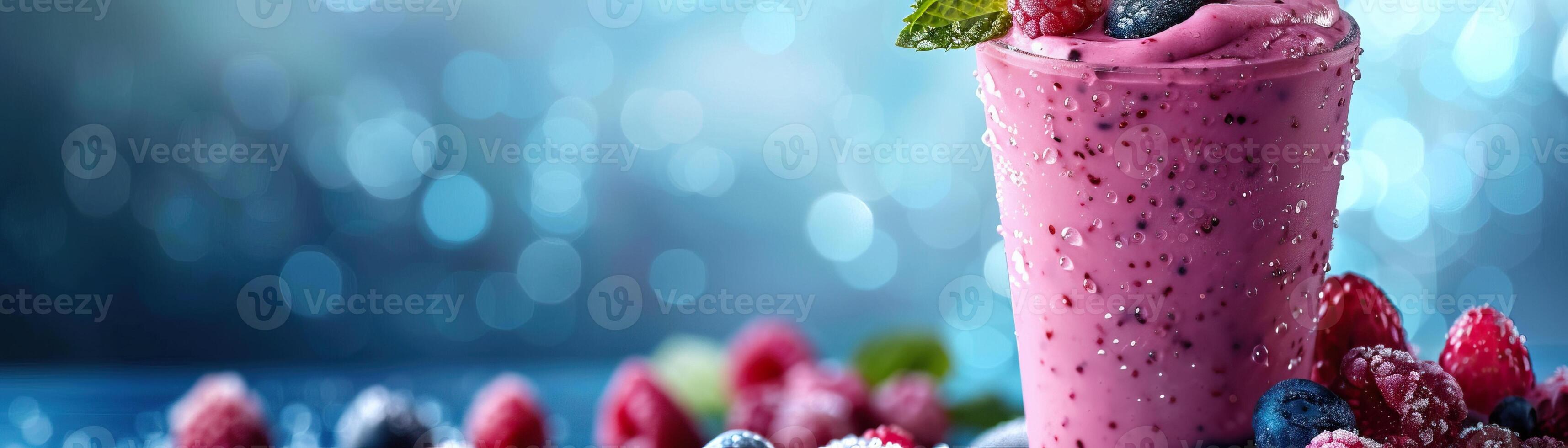 A glass of fresh raspberry and blueberry smoothie with mint on top. photo