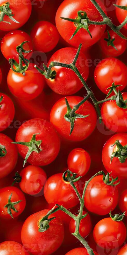 A close-up image of a bunch of ripe red cherry tomatoes. photo