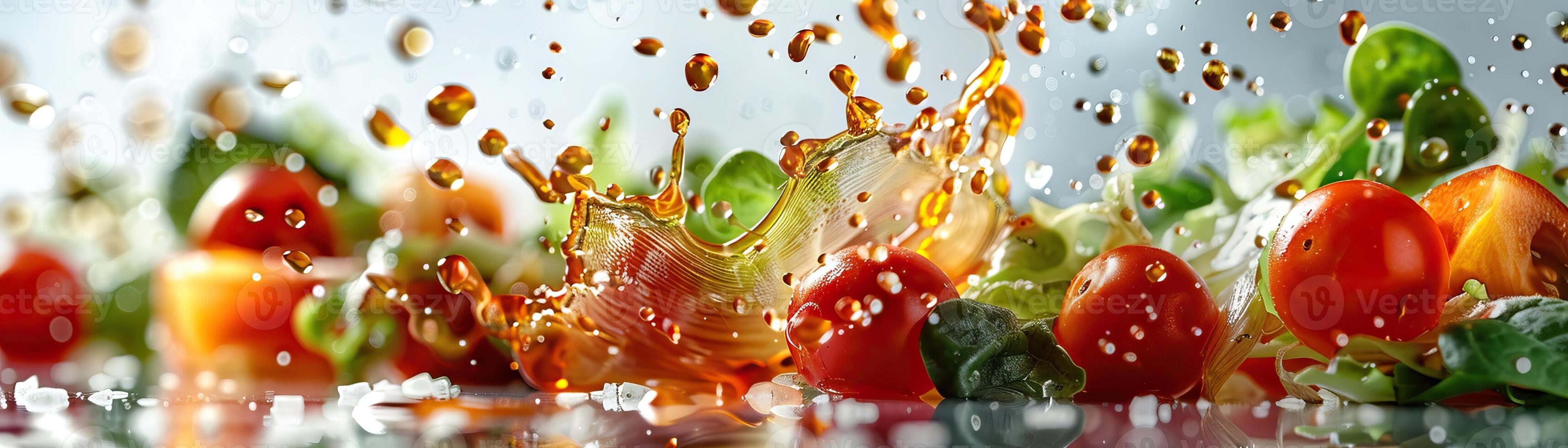 A close-up of a salad with tomatoes, lettuce, and cucumbers being splashed with a vinaigrette dressing. photo