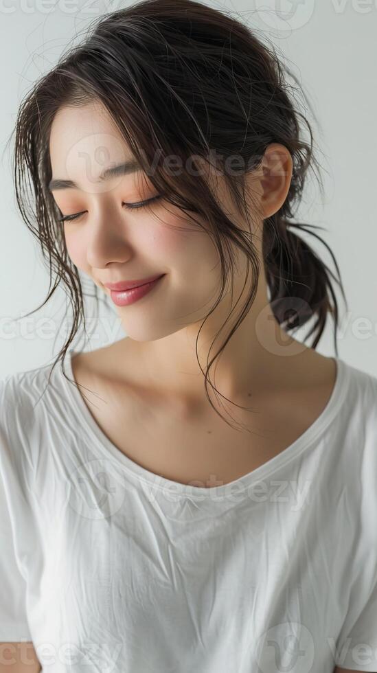 A photo of a young woman with long dark hair and a white shirt. She is smiling and looking down. Her hair is styled in a ponytail with loose waves.