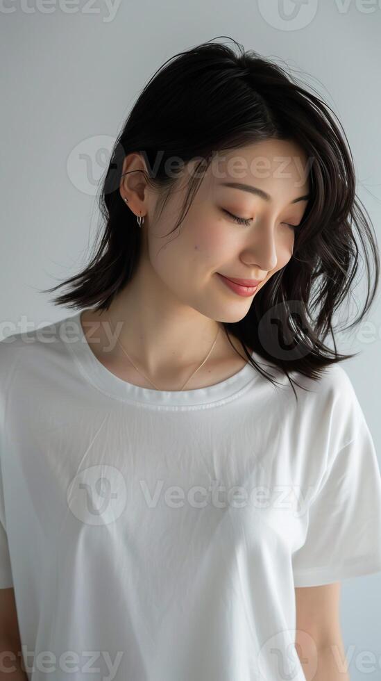 A photo of a young woman with short black hair and a white shirt