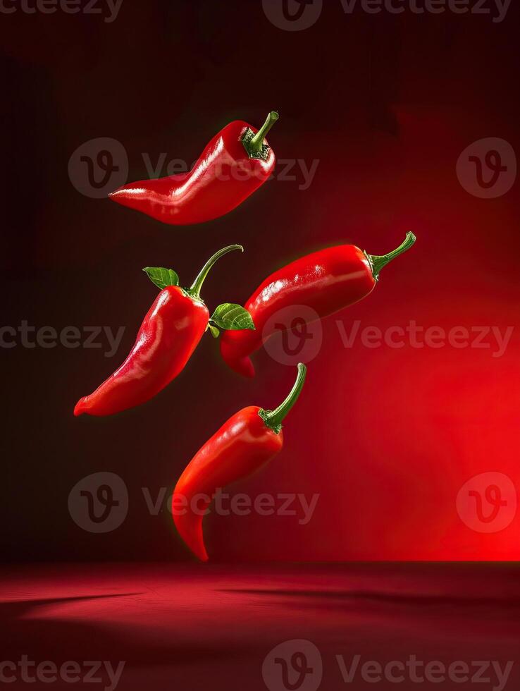 Red hot chili peppers floating in mid-air against a dark red background. photo