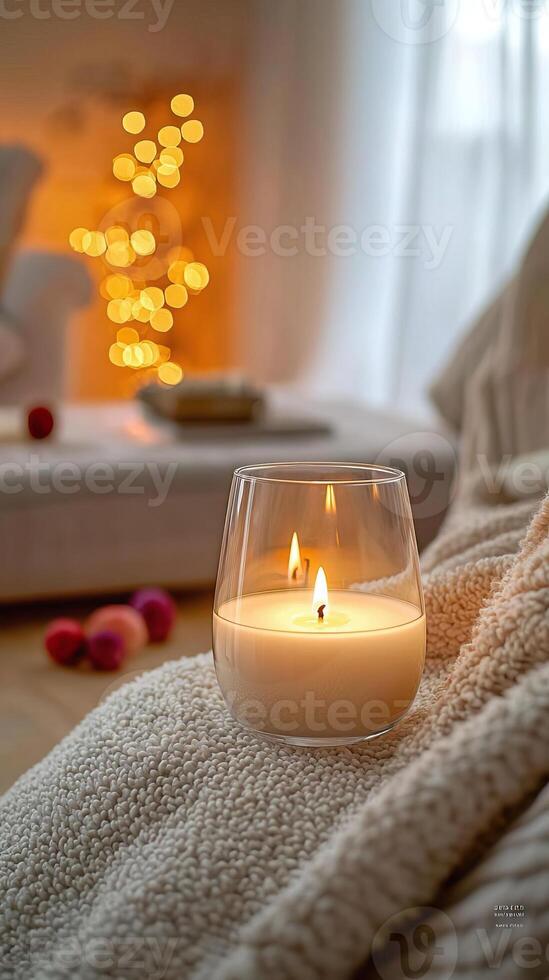 Blank clear straight candle glass amidst a setting with a plush pillow, a scented diffuser, and delicate string lights, modern warm bedroom mockup, serene and stylish photo