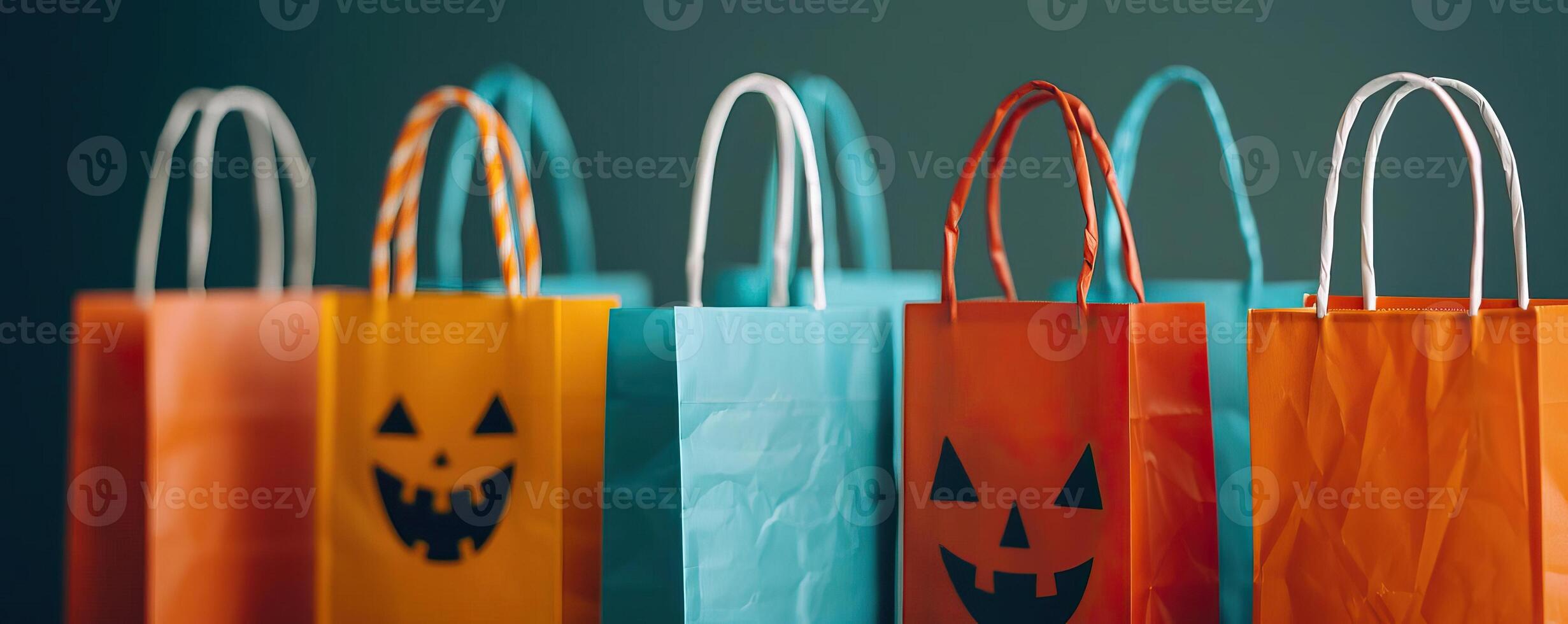 Close-up of candy bags decorated with Halloween motifs, ready for trick-or-treating, editorial photography, empty space for text on left photo